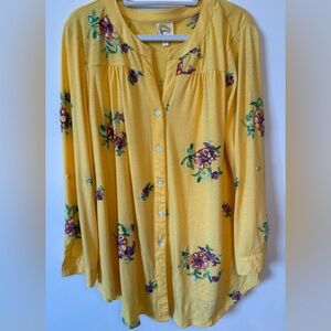 Embroidered Floral Yellow Button Down Shirt